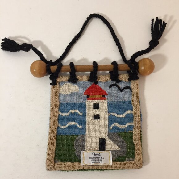 Flora's Hand Hooked Wall Hanging Lighthouse Seashore 100% Wool Rug Collectible - Picture 3 of 4
